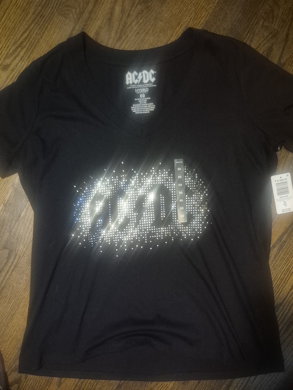 AC/DC Black Short Sleeve V-Neck Tee with Silver Stud Logo